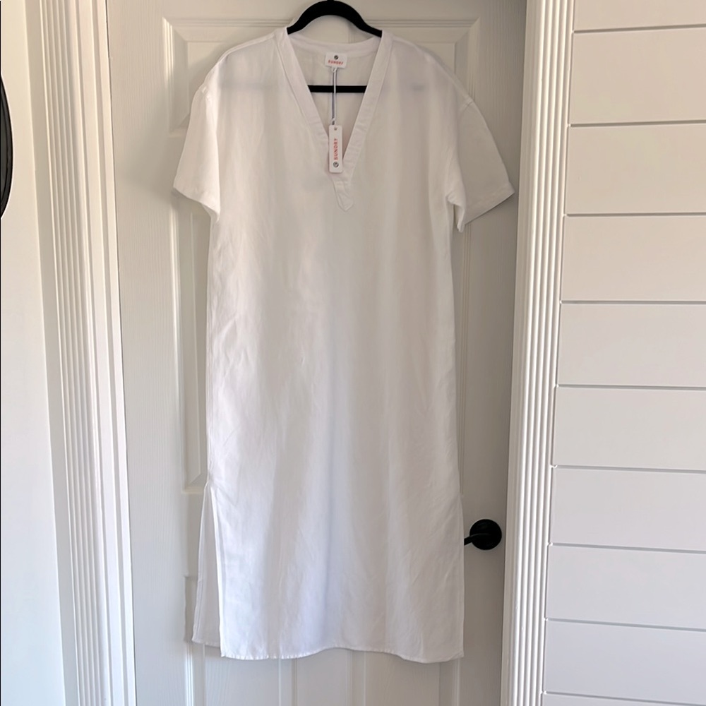 Sundry White V-Neck Linen Rayon Dress